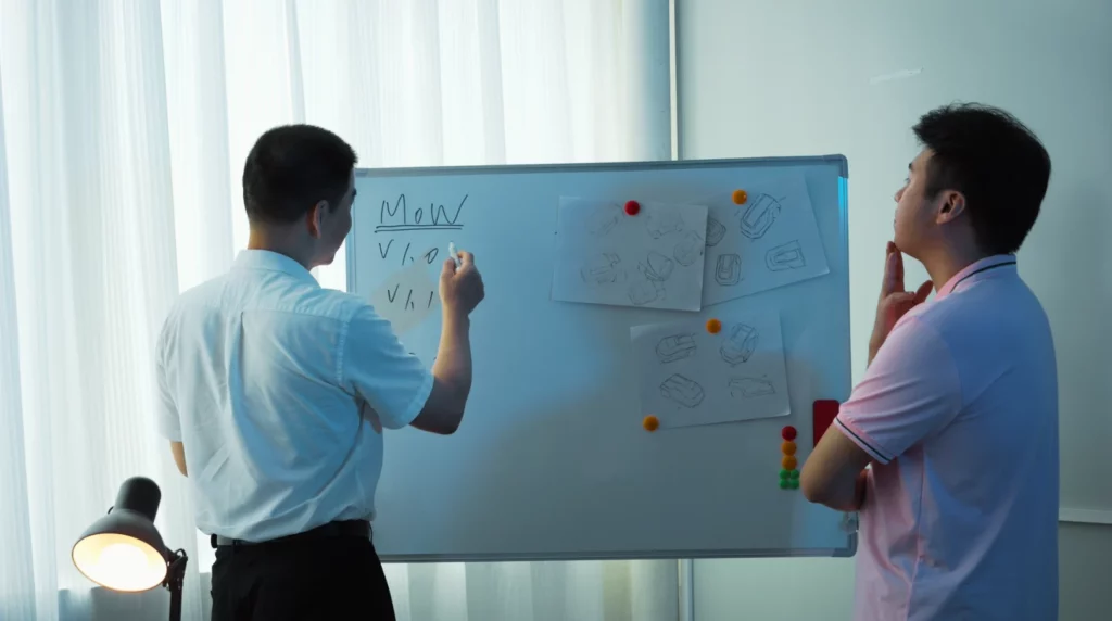 Tecnico che ispeziona un circuito stampato per l'assemblaggio SMT di un tosaerba robotico